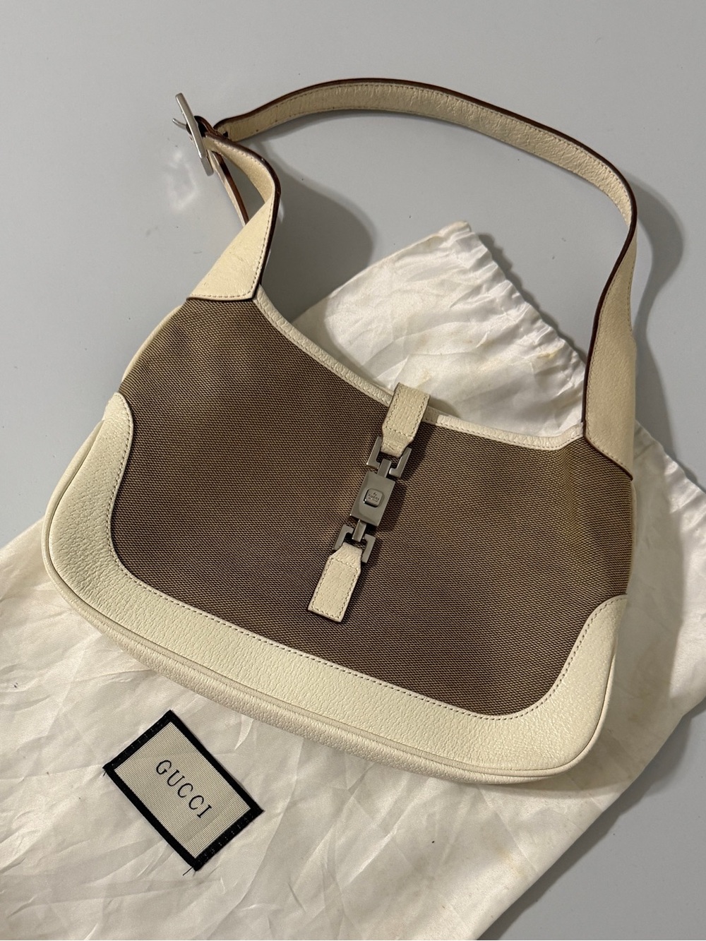 Authentic Vintage JACKIE Brown and Cream Canvas with Signature Hardware